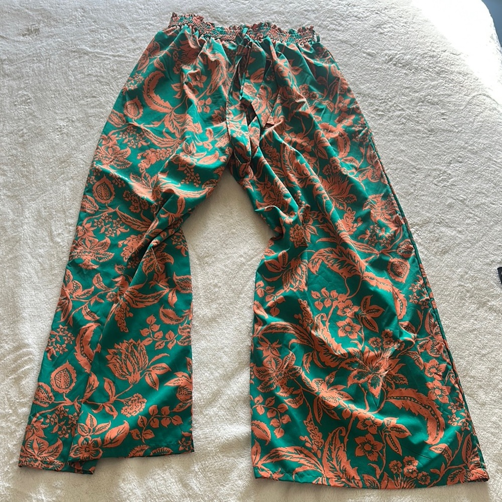 Floral Green and Orange Wide-Leg Pants